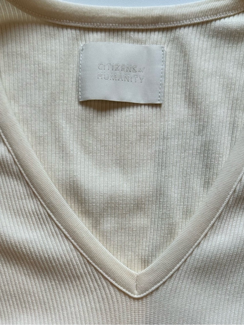 CITIZENS OF HUMANITY Ribbed Organic Cotton Ivory V Neck Long Sleeve Tee M - Picture 11 of 16
